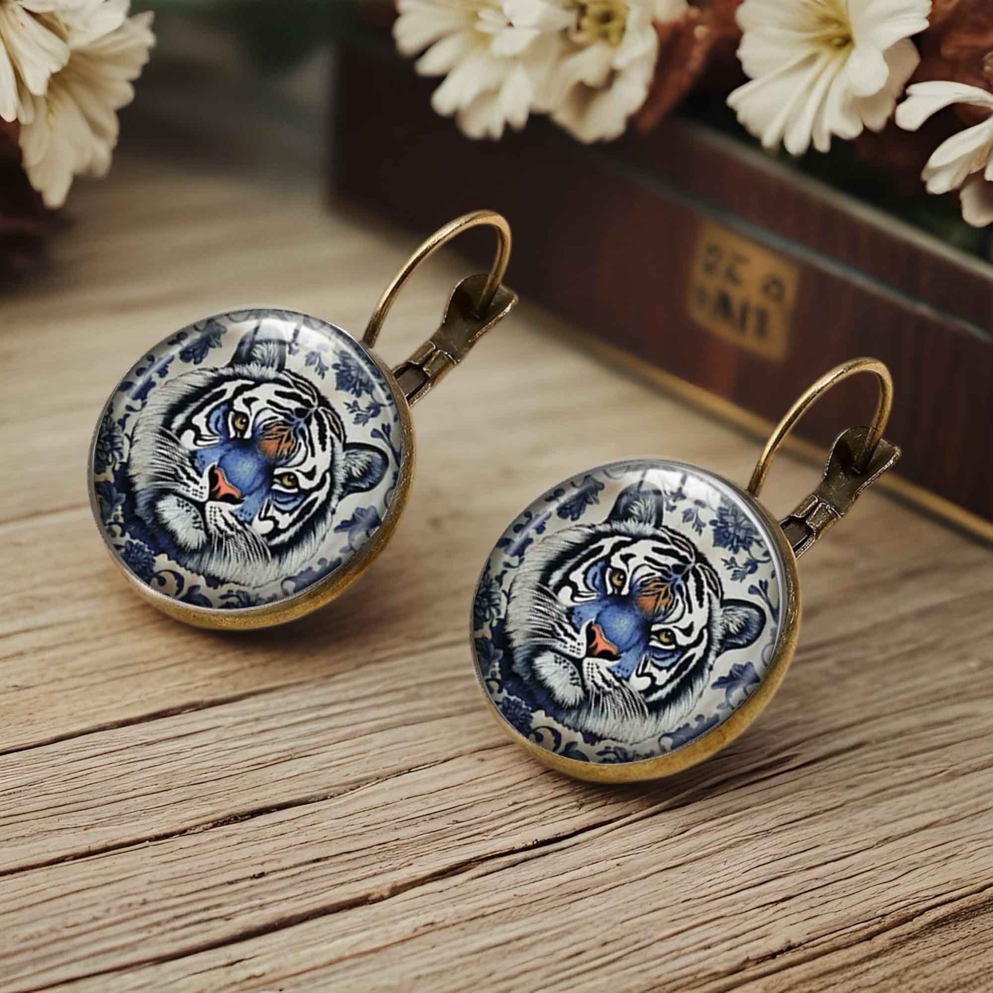 Blue Tiger-Patterned Round Earrings with Floral Design, Vintage Style